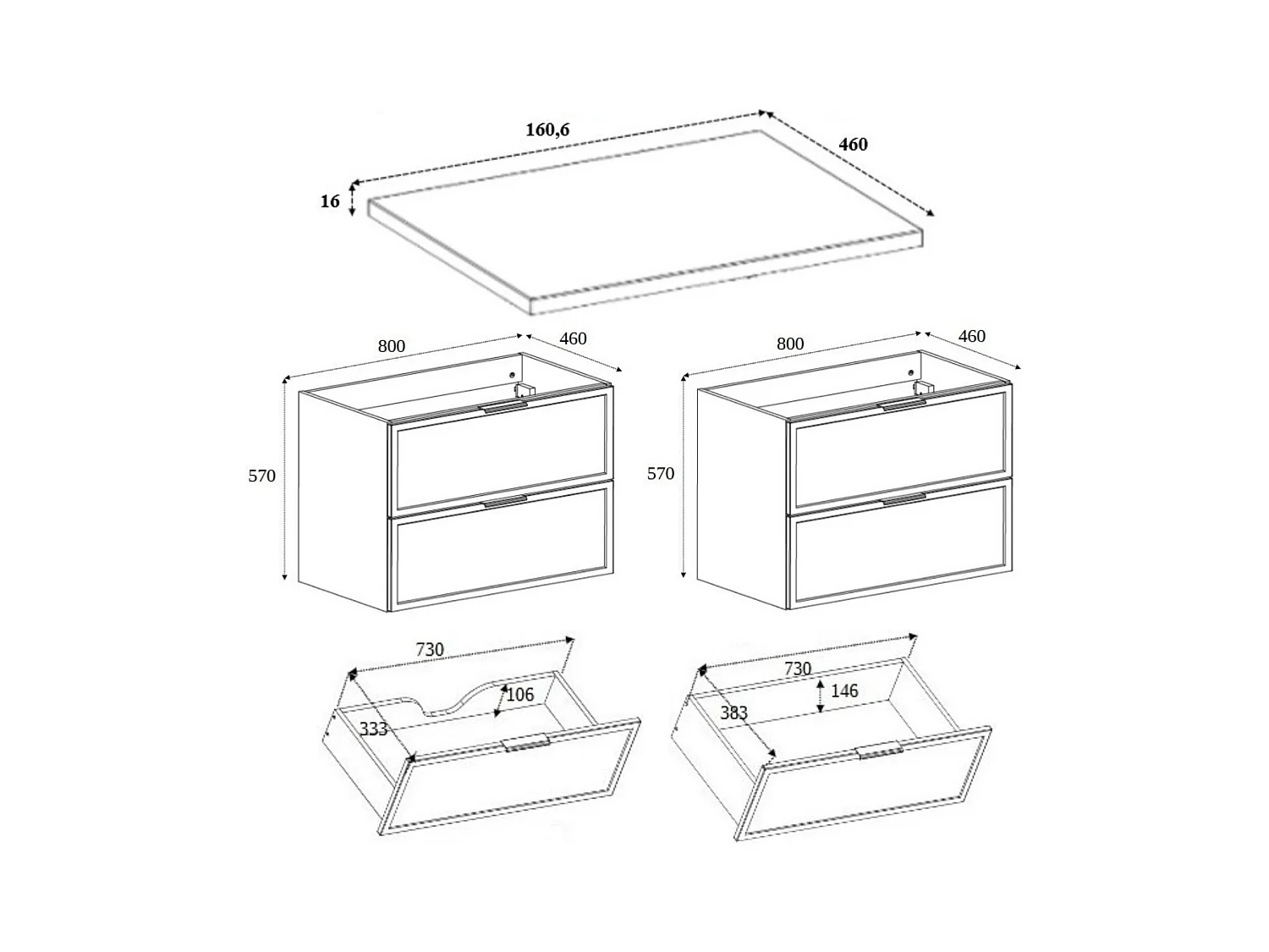 Badkamerkast, donkergrijs / wit, gouden handgreep, 160 (2 x 80) x 46 x 57 cm