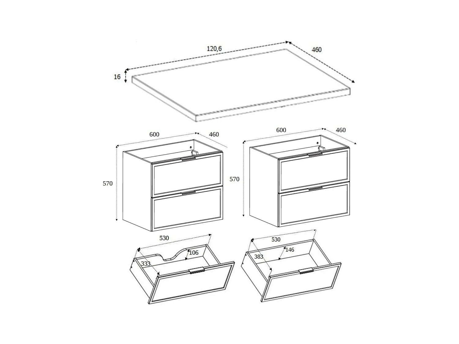 Meuble de salle de bain, Chêne Craft, poignée dorée, 120 (2 x 60) x 46 x 57 cm