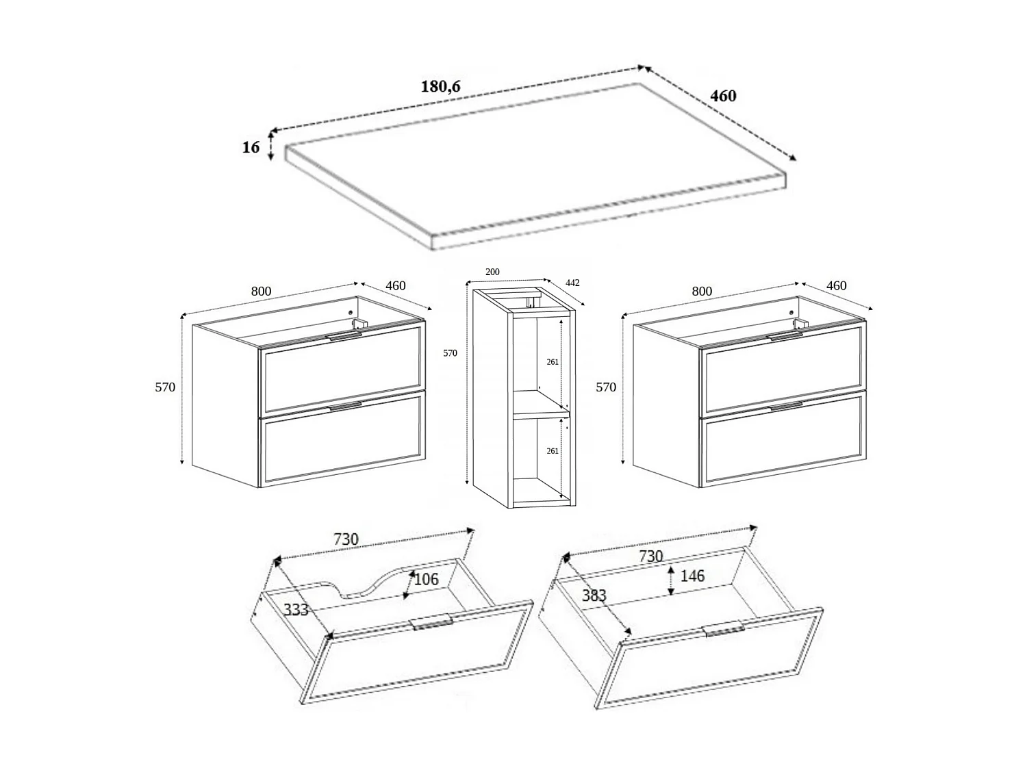 Mueble de baño, Gris Oscuro / Roble Craft, tirador dorado, 180 ( 2 x 80 + 20) x 46 x 57 cm
