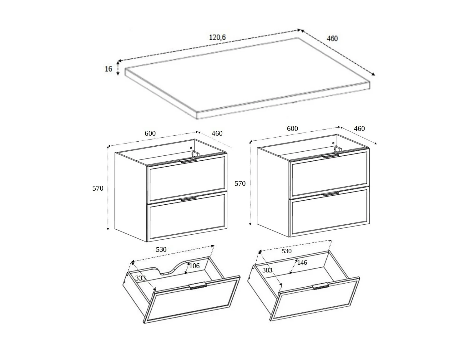 Badkamerkast, Kasjmier, zwarte handgreep, 120 (2 x 60) x 46 x 57 cm