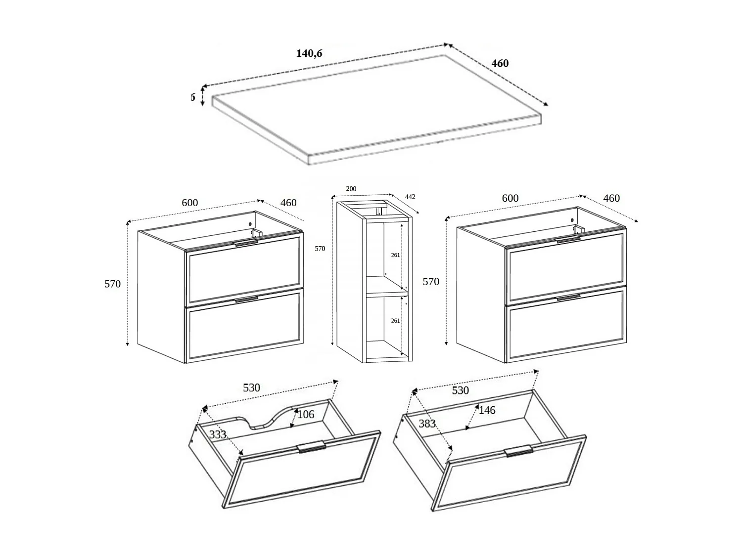 Meuble de salle de bain, Chêne Craft / Blanc, poignée dorée, 140 ( 2 x 60 + 20) x 46 x 57 cm