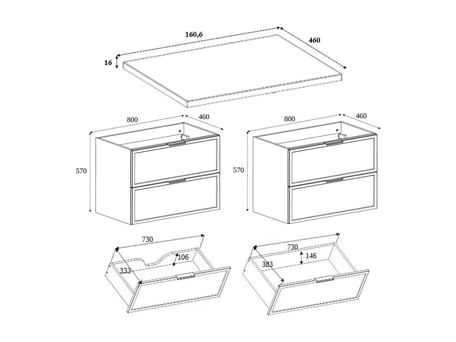 Mobiletto da bagno, Cashmere / Bianco, maniglia nera, 160 ( 2 x 80) x 46 x 57 cm