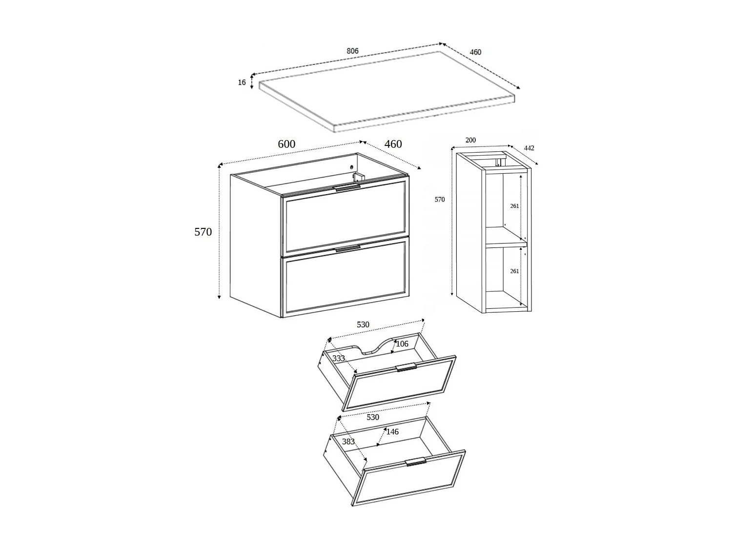 BADEZIMMERSCHRANK, Kaschmir / Craft-Eiche, Schwarze Griffe, 80 (60 + 20) x 46 x 57 cm