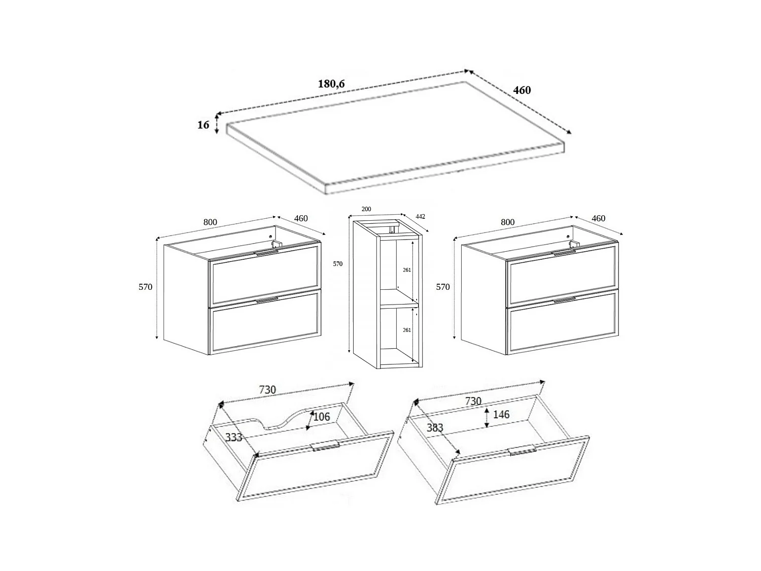 Badkamerkast, Craft Eik / Donkergrijs, gouden handgreep, 180 (2 x 80 + 20) x 46 x 57 cm