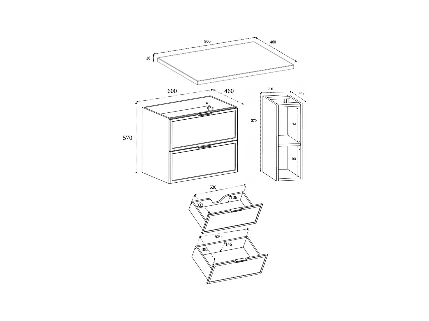 Meuble de salle de bain, Chêne Craft / Gris Foncé, poignée dorée, 80 (60 + 20) x 46 x 57 cm