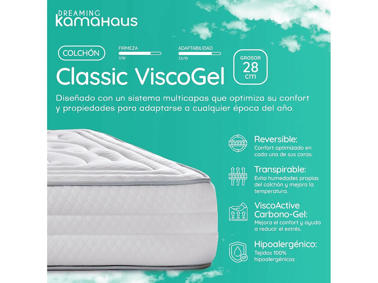 Matelas à mémoire de forme 100x200 cm Classic ViscoGel - Épaisseur +- 28 cm - Matelas Double Face - Ferme-Mi-Ferme - 100% Hypoallergénique