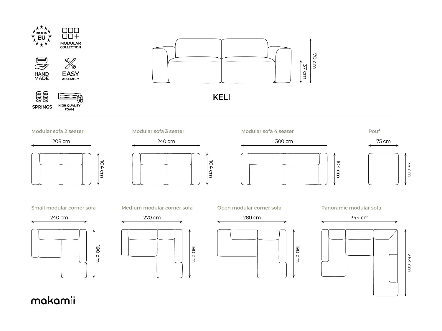 Driezits modulaire bank van terracotta velours - KELI