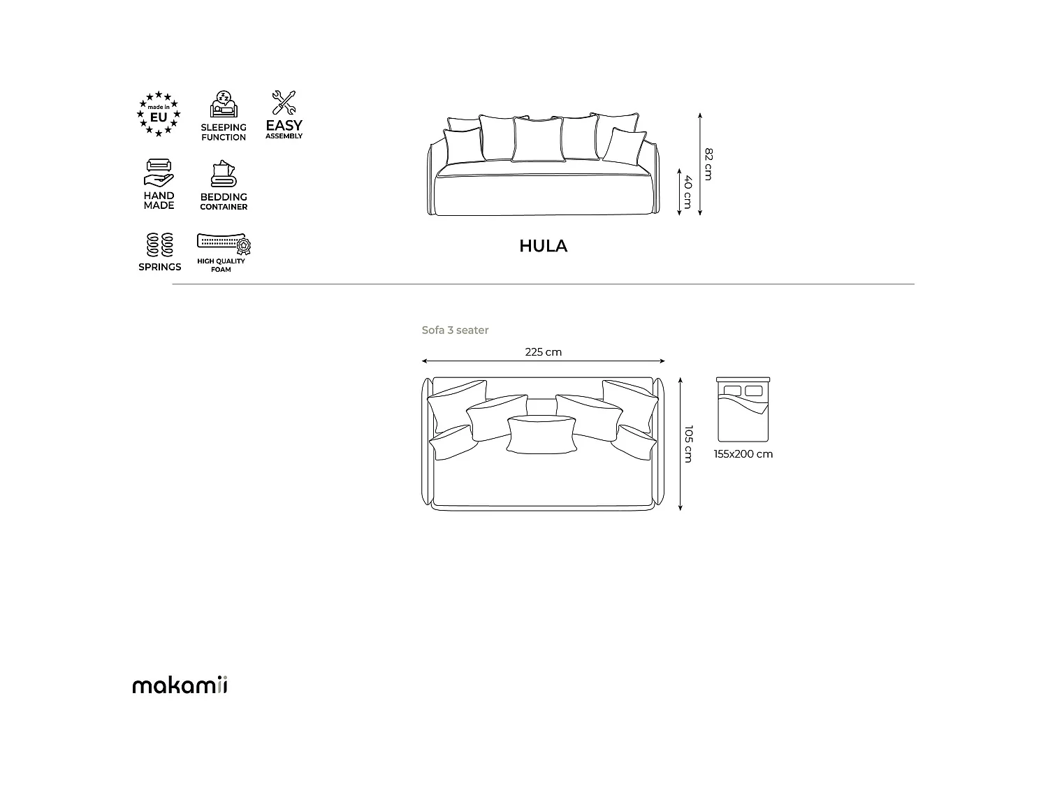 3-Sitzer Sofa mit Schlaffunktion - - Chenille - Jeans - HULA
