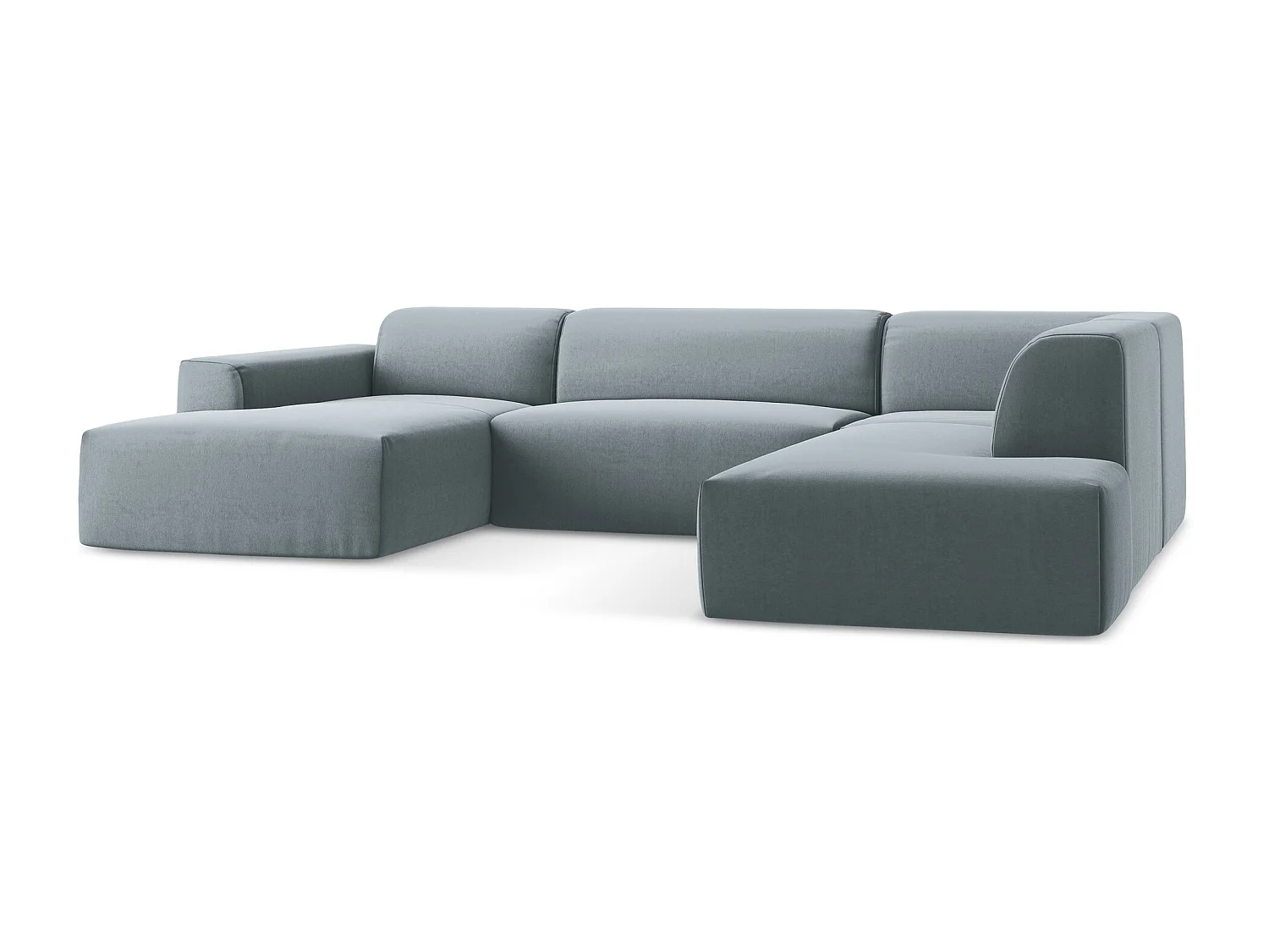 Sofá de canto panorâmico 5 lugares direito em veludo azul claro - KELI