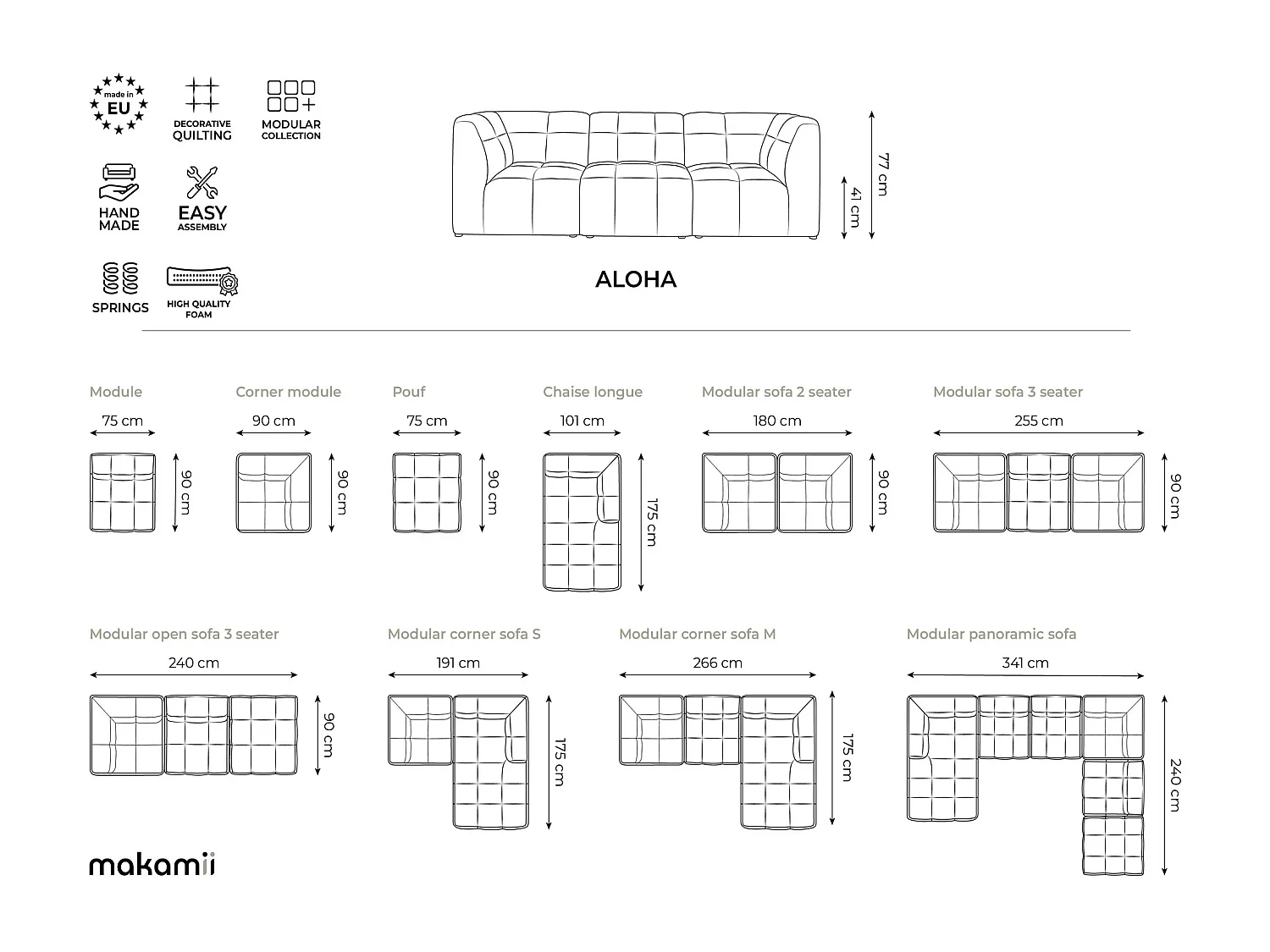 Driezits modulaire bank van koningsblauw velours - ALOHA