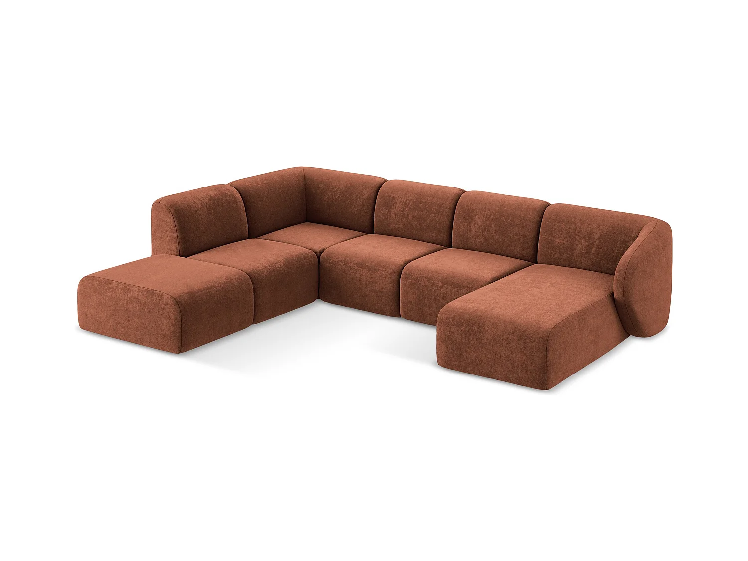 Panoramische hoekbank links van terracotta chenille stof - LANI