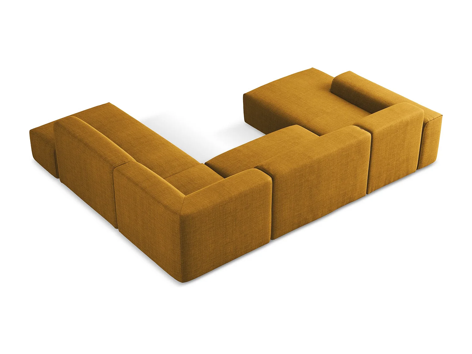 Panoramische hoekbank rechts van mosterdgeel textuurstof - KELI