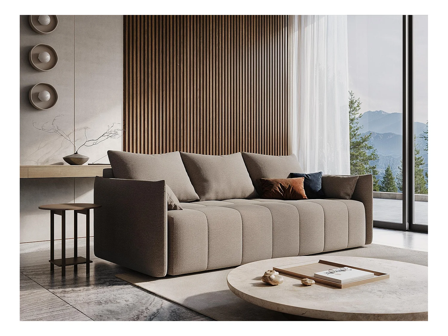 Sofa panoramiczna - z tkaniny bouclé - oliwkowy - MOKU