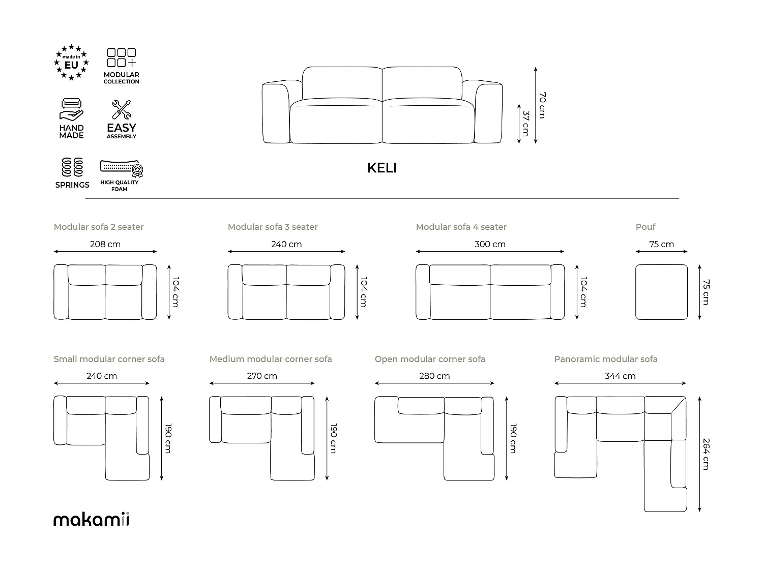 Sofá panorámico 5 plazas iziquierdo de tela texturizada gris oscuro - KELI