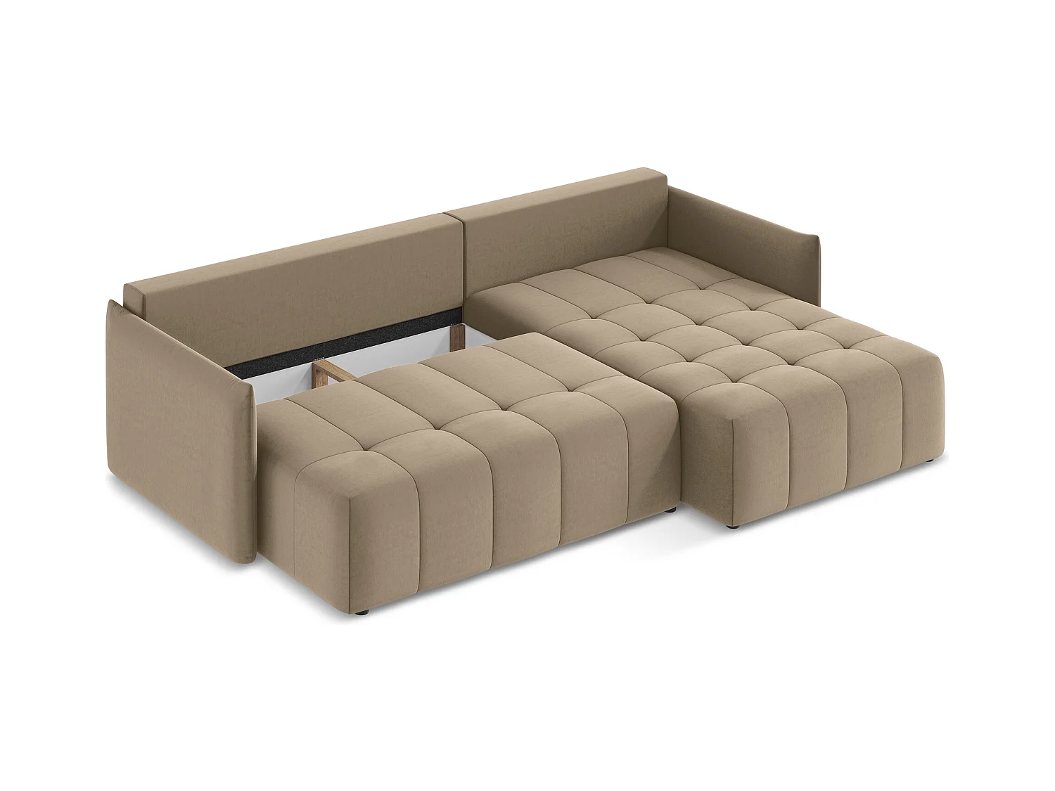 Ecksofa mit Schlaffunktion - Ecke Rechts - Samt - Dunkelbeige - MOKU