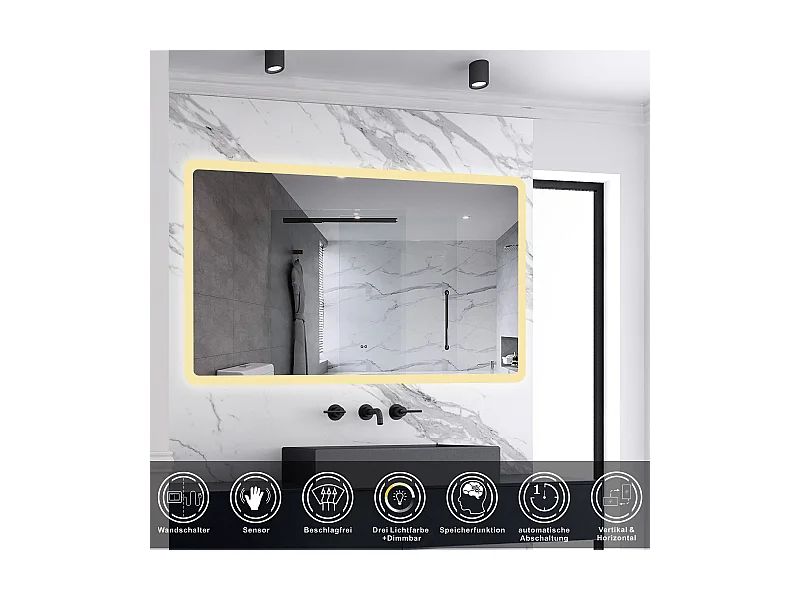AICA Badspiegel mit Beleuchtung 120x70cm Sensor-Schalter Beschlagfrei 3 Lichtfarbe+Dimmbar Memory-Funktion