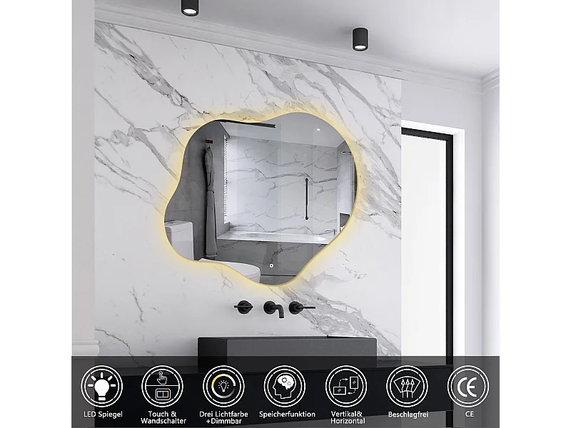 AICA LED Badspiegel Wolkenform 60x50cm Beschlagfrei 3 Lichtfarbe+Dimmbar