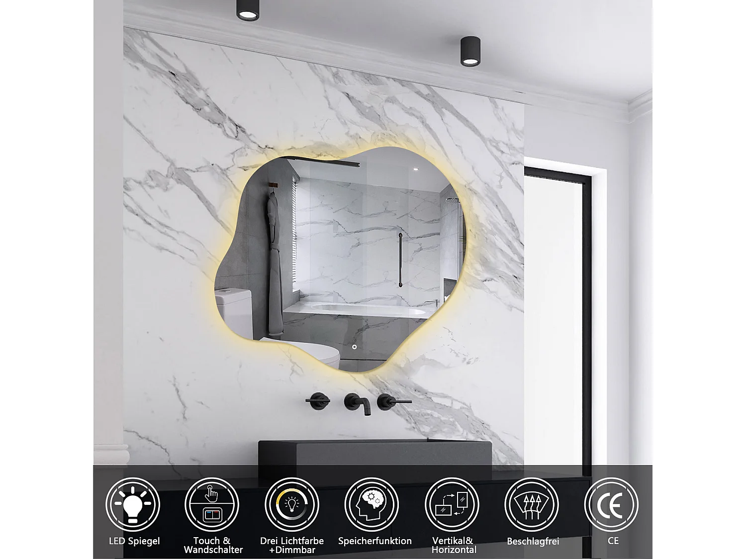 AICA LED Badspiegel Wolkenform 60x50cm Beschlagfrei 3 Lichtfarbe+Dimmbar