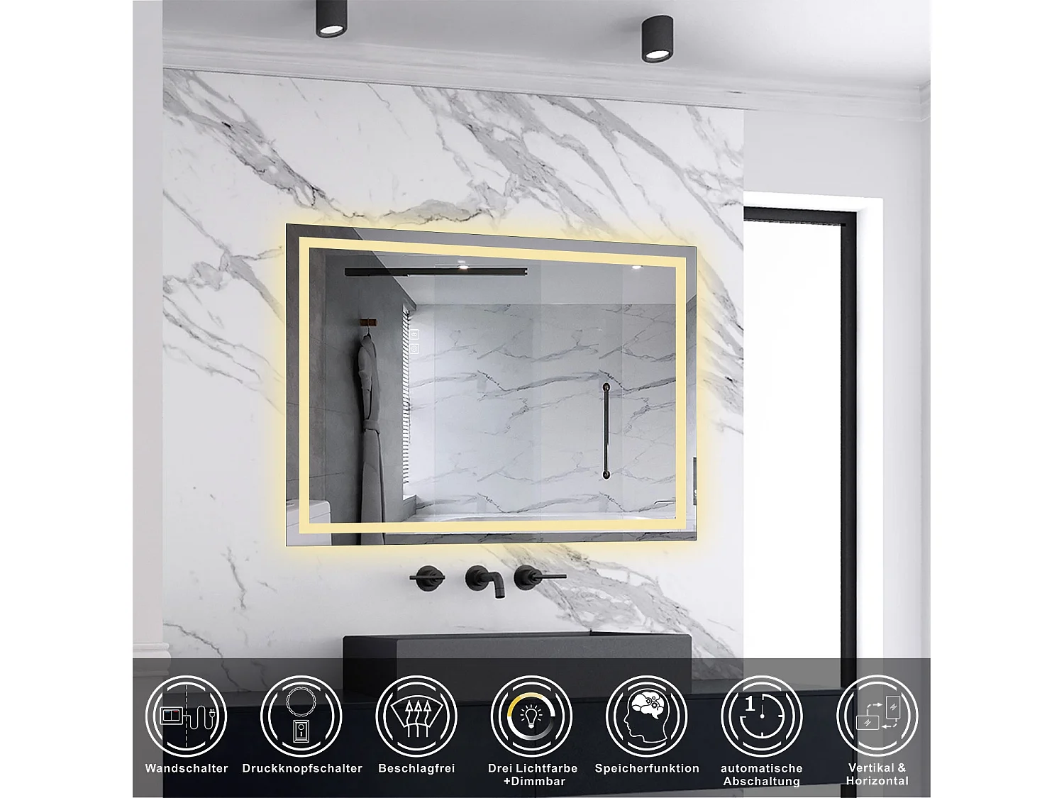 AICA LED Badspiegel mit Knopfschalter 80x60cm Beschlagfrei 3 Lichtfarbe+Dimmbar Memory-Funktion