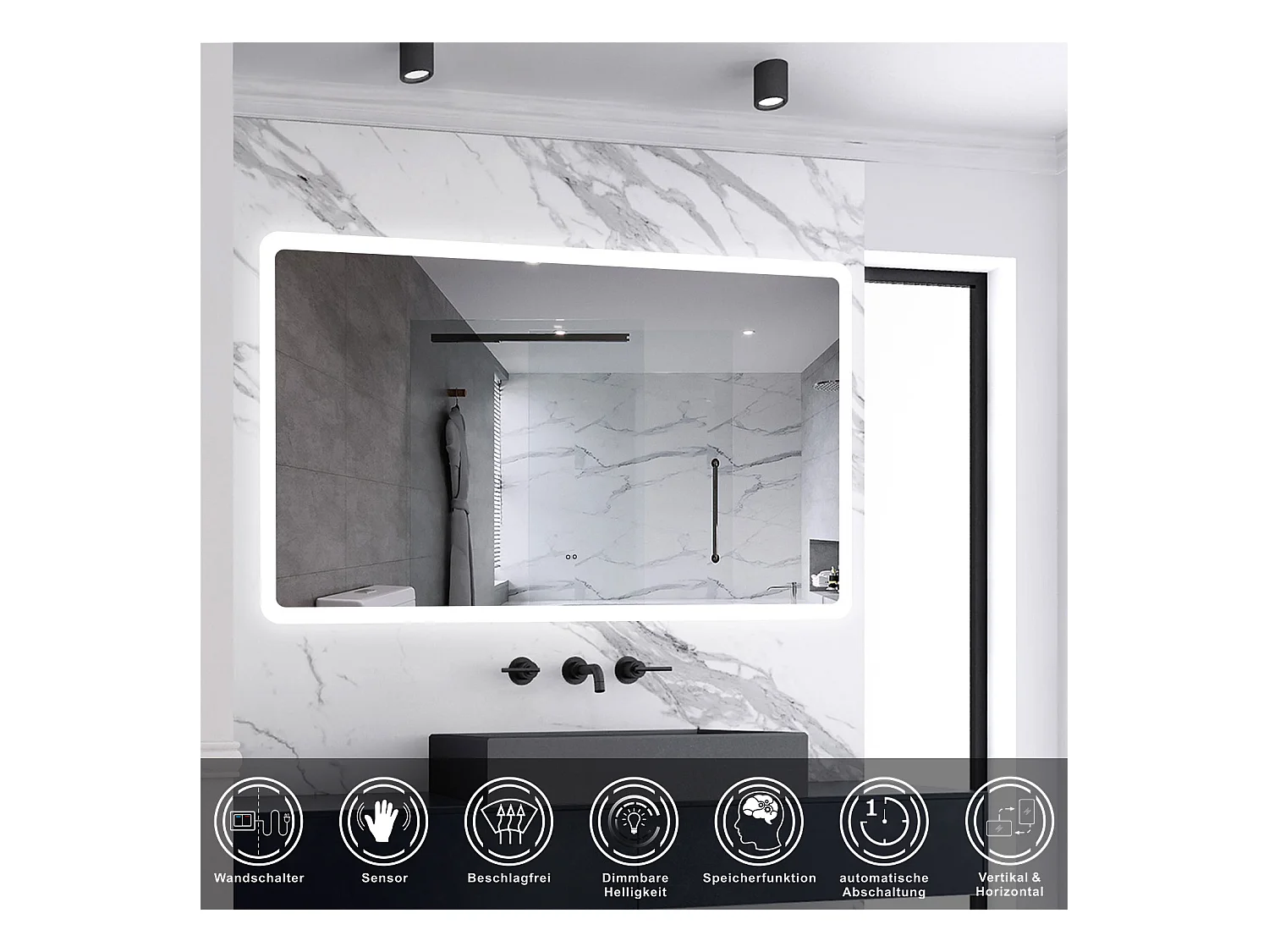 AICA Badspiegel mit Beleuchtung 140x80cm Sensor-Schalter Beschlagfrei Kaltweiß dimmbar Memory-Funktion