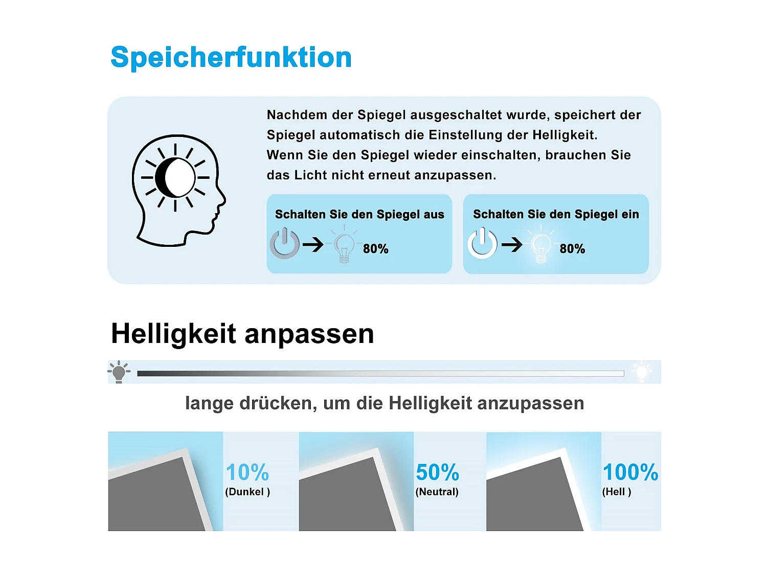 AICA Badspiegel mit Beleuchtung 140x80cm Sensor-Schalter Beschlagfrei Kaltweiß dimmbar Memory-Funktion