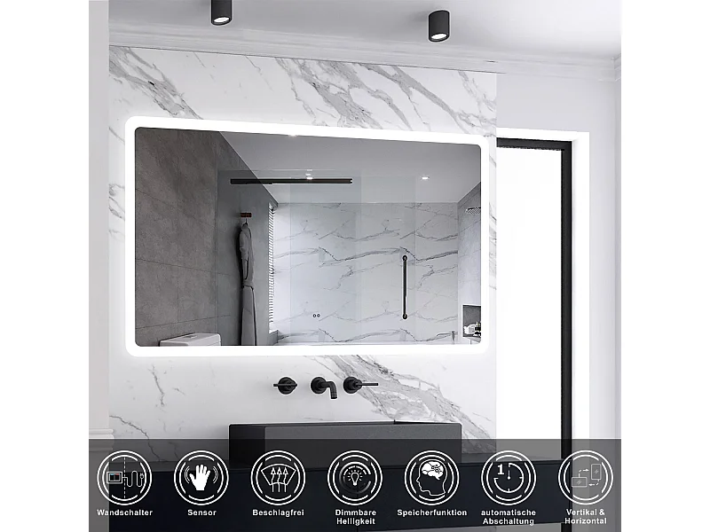 AICA Badspiegel mit Beleuchtung 160x80cm Sensor-Schalter Beschlagfrei Kaltweiß dimmbar Memory-Funktion LED Wandspiegel IP44