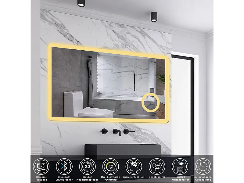 AICA LED Wandspiegel mit Steckdose 100x60cm Bluetooth Kosmetikspiegel Beschlagfrei 3 Lichtfarbe+Dimmbar