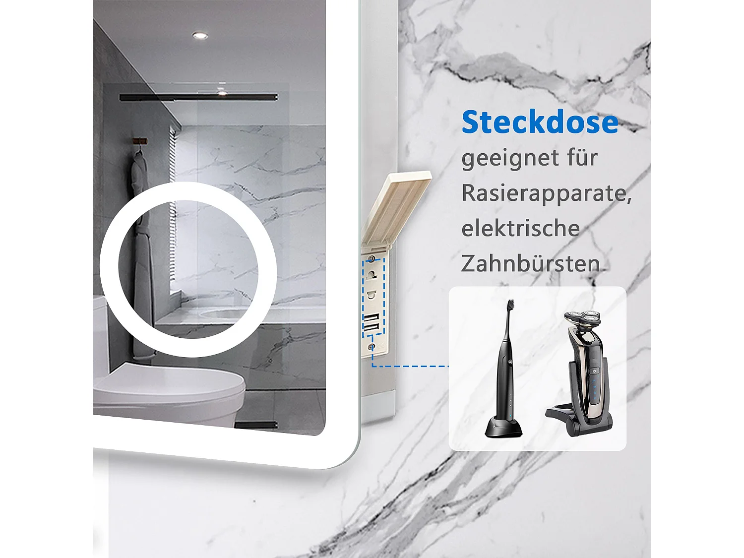 AICA LED Wandspiegel mit Steckdose 100x60cm Bluetooth Kosmetikspiegel Beschlagfrei 3 Lichtfarbe+Dimmbar