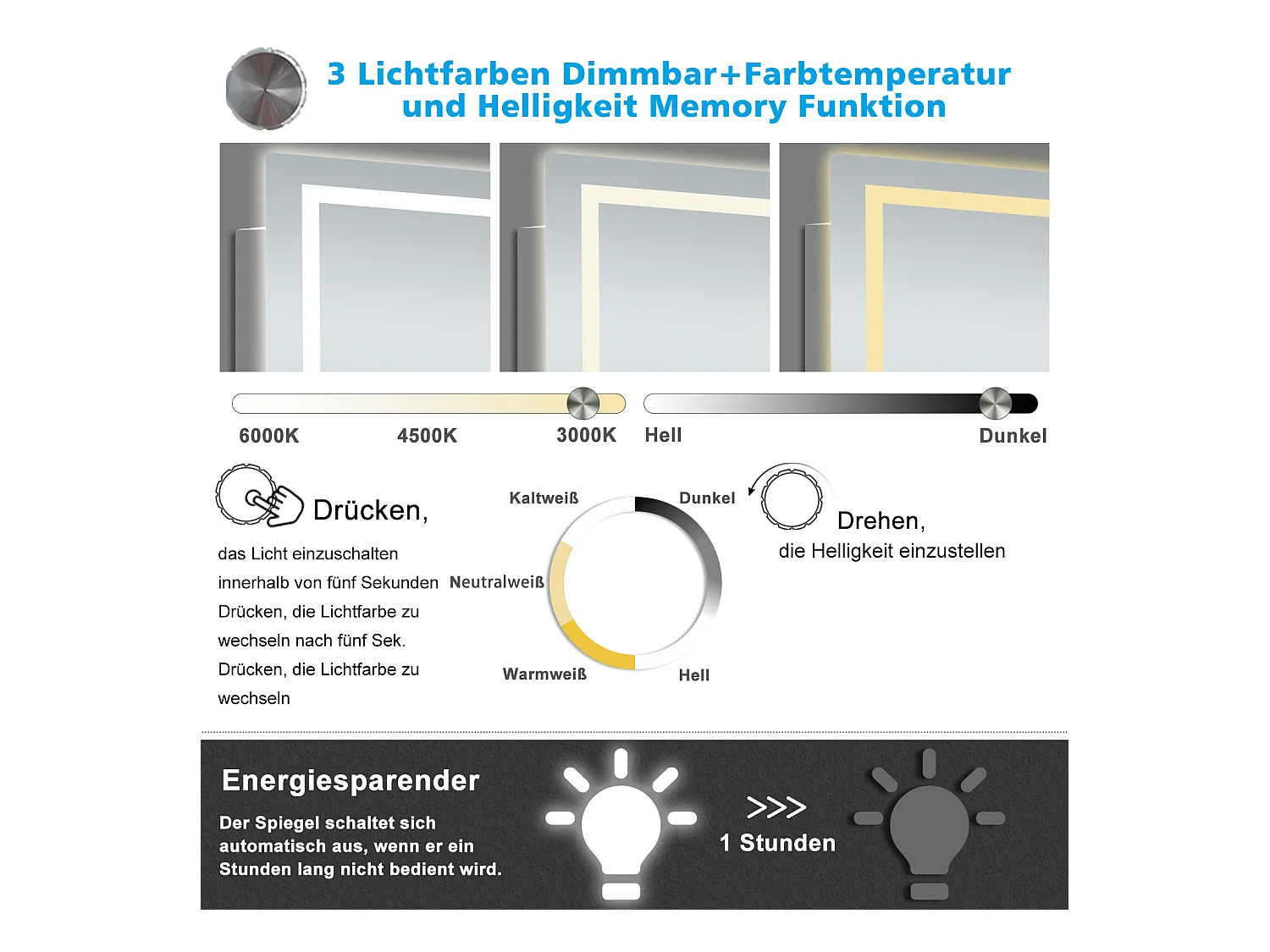 AICA LED Badspiegel mit Knopfschalter 120x70cm Beschlagfrei 3 Lichtfarbe+Dimmbar Memory-Funktion