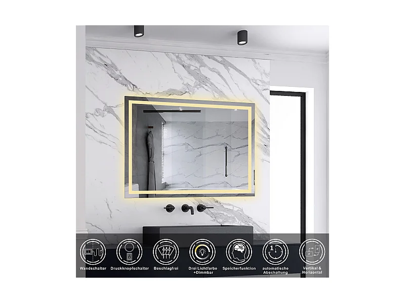 AICA LED Badspiegel mit Knopfschalter 90x70cm Beschlagfrei 3 Lichtfarbe+Dimmbar Memory-Funktion