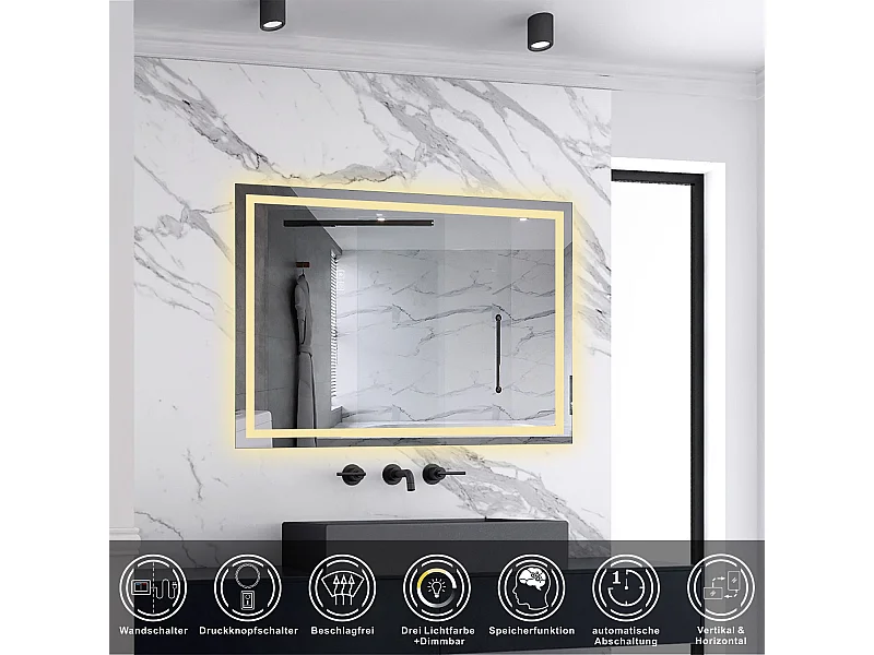 AICA LED Badspiegel mit Knopfschalter 90x70cm Beschlagfrei 3 Lichtfarbe+Dimmbar Memory-Funktion