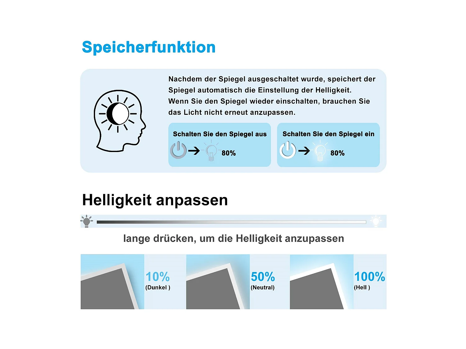 AICA Badspiegel mit Beleuchtung 120x70cm Sensor-Schalter Beschlagfrei Kaltweiß dimmbar Memory-Funktion