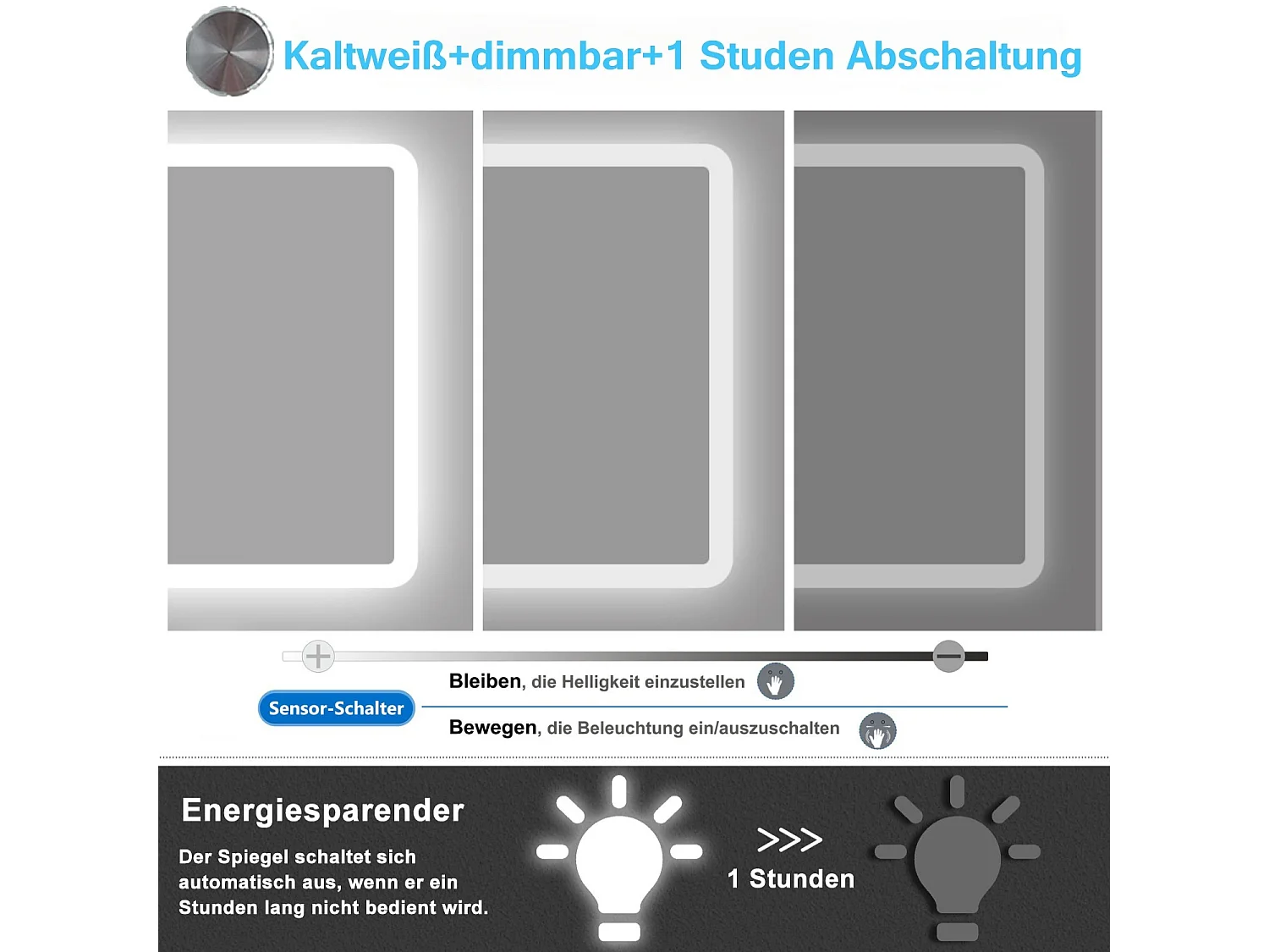 AICA Badspiegel mit Beleuchtung 120x70cm Sensor-Schalter Beschlagfrei Kaltweiß dimmbar Memory-Funktion