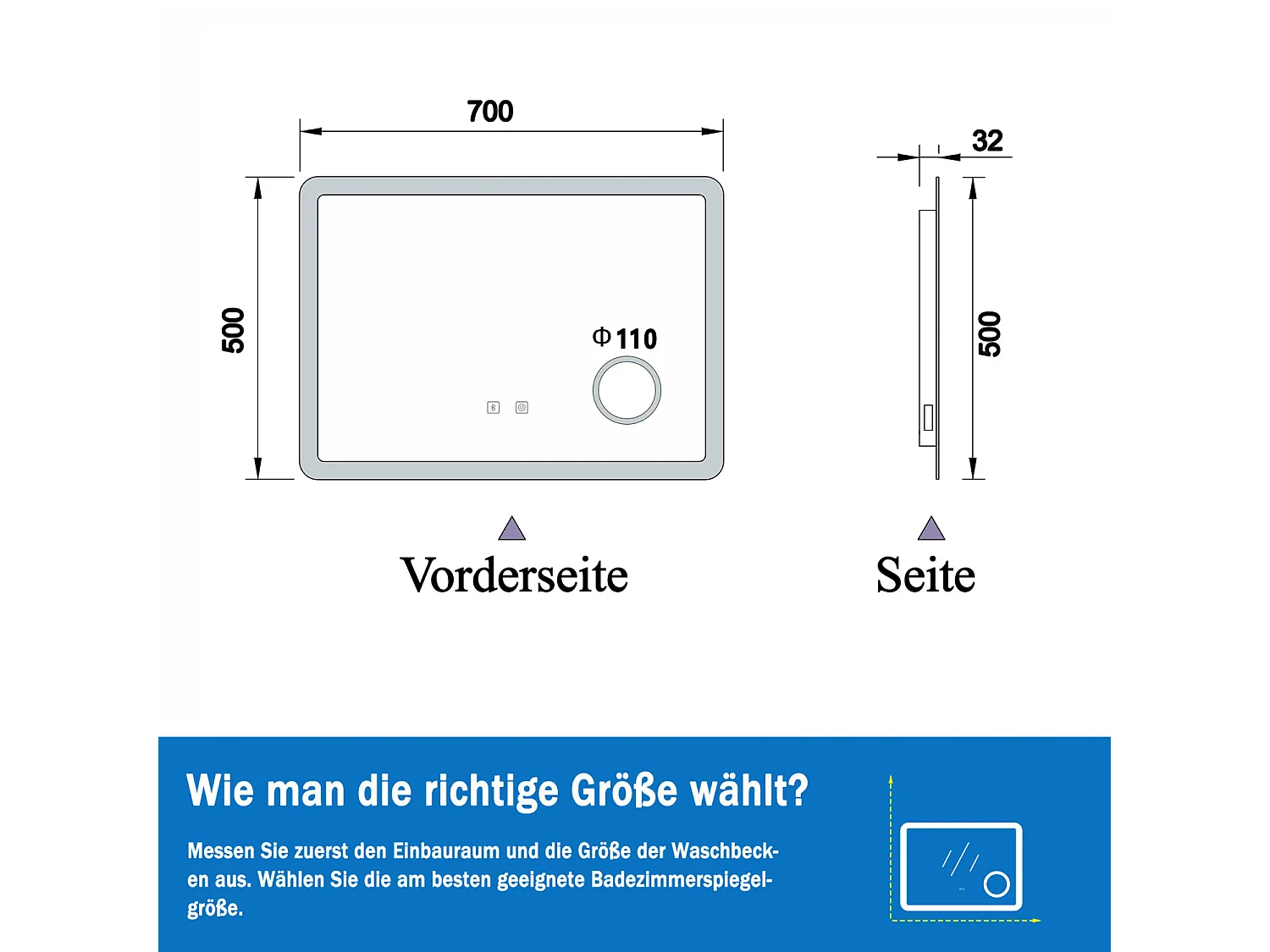AICA LED Wandspiegel mit Steckdose 70x50cm Bluetooth Kosmetikspiegel Beschlagfrei 3 Lichtfarbe+Dimmbar