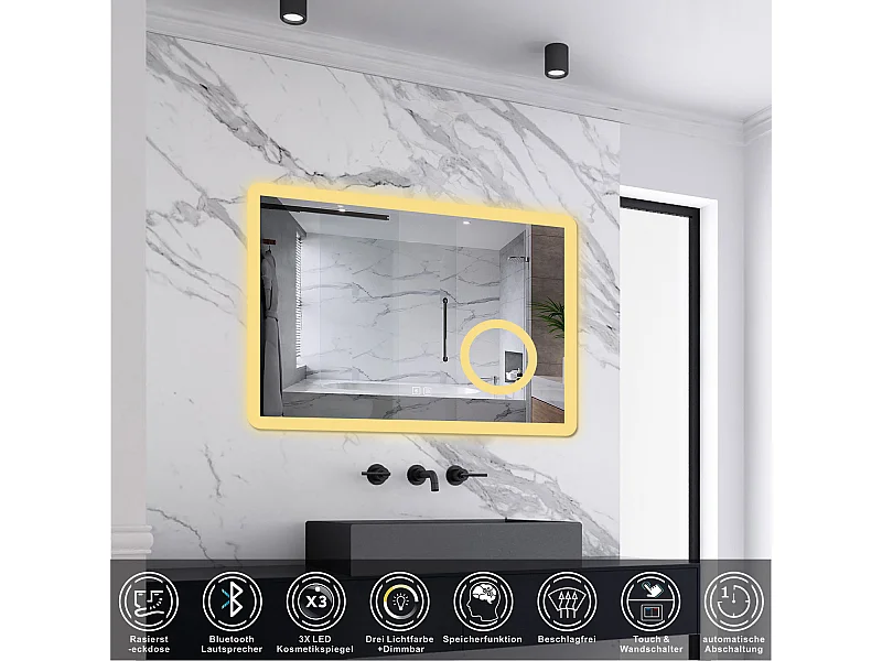 AICA LED Wandspiegel mit Steckdose 70x50cm Bluetooth Kosmetikspiegel Beschlagfrei 3 Lichtfarbe+Dimmbar