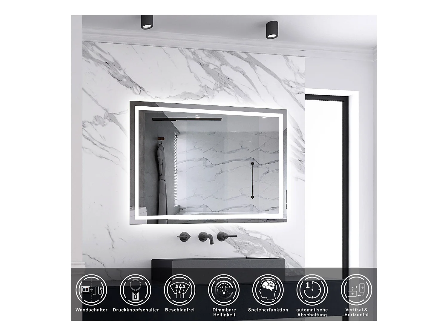 AICA LED Badspiegel mit Knopfschalter 90x70cm Beschlagfrei Kaltweiß Dimmbar Memory-Funktion