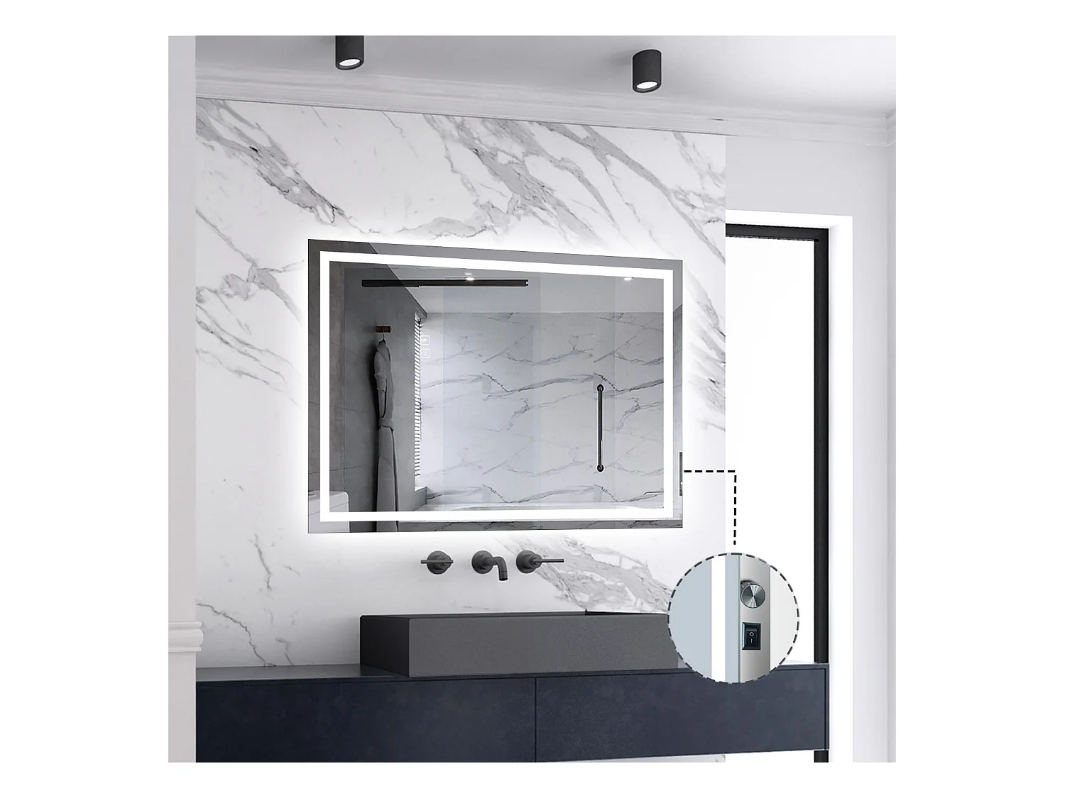 AICA LED Badspiegel mit Knopfschalter 90x70cm Beschlagfrei Kaltweiß Dimmbar Memory-Funktion