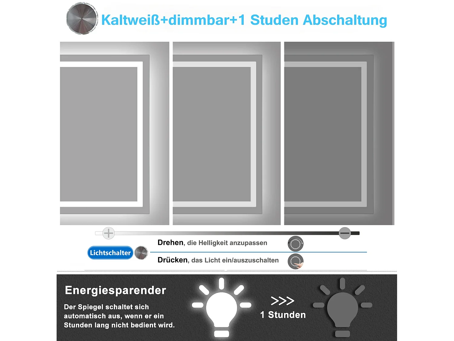 AICA LED Badspiegel mit Knopfschalter 90x70cm Beschlagfrei Kaltweiß Dimmbar Memory-Funktion