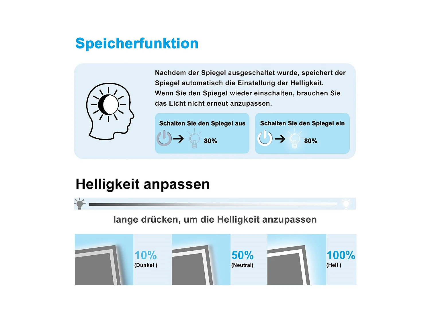 AICA LED Badspiegel mit Knopfschalter 90x70cm Beschlagfrei Kaltweiß Dimmbar Memory-Funktion