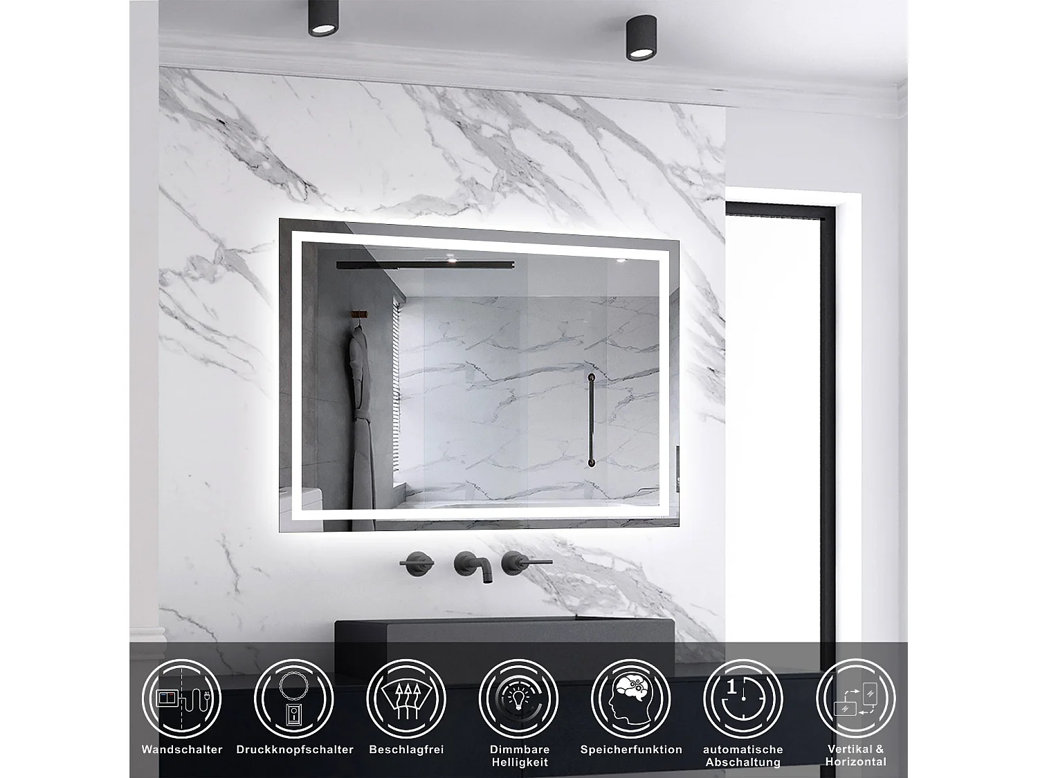 AICA LED Badspiegel mit Knopfschalter 90x70cm Beschlagfrei Kaltweiß Dimmbar Memory-Funktion