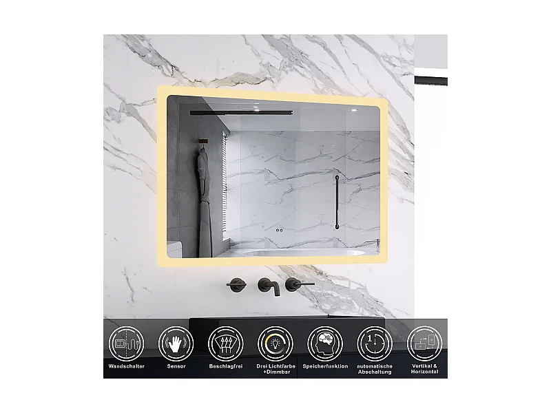 AICA Badspiegel mit Beleuchtung 70x50cm Sensor-Schalter Beschlagfrei 3 Lichtfarbe+Dimmbar Memory-Funktion