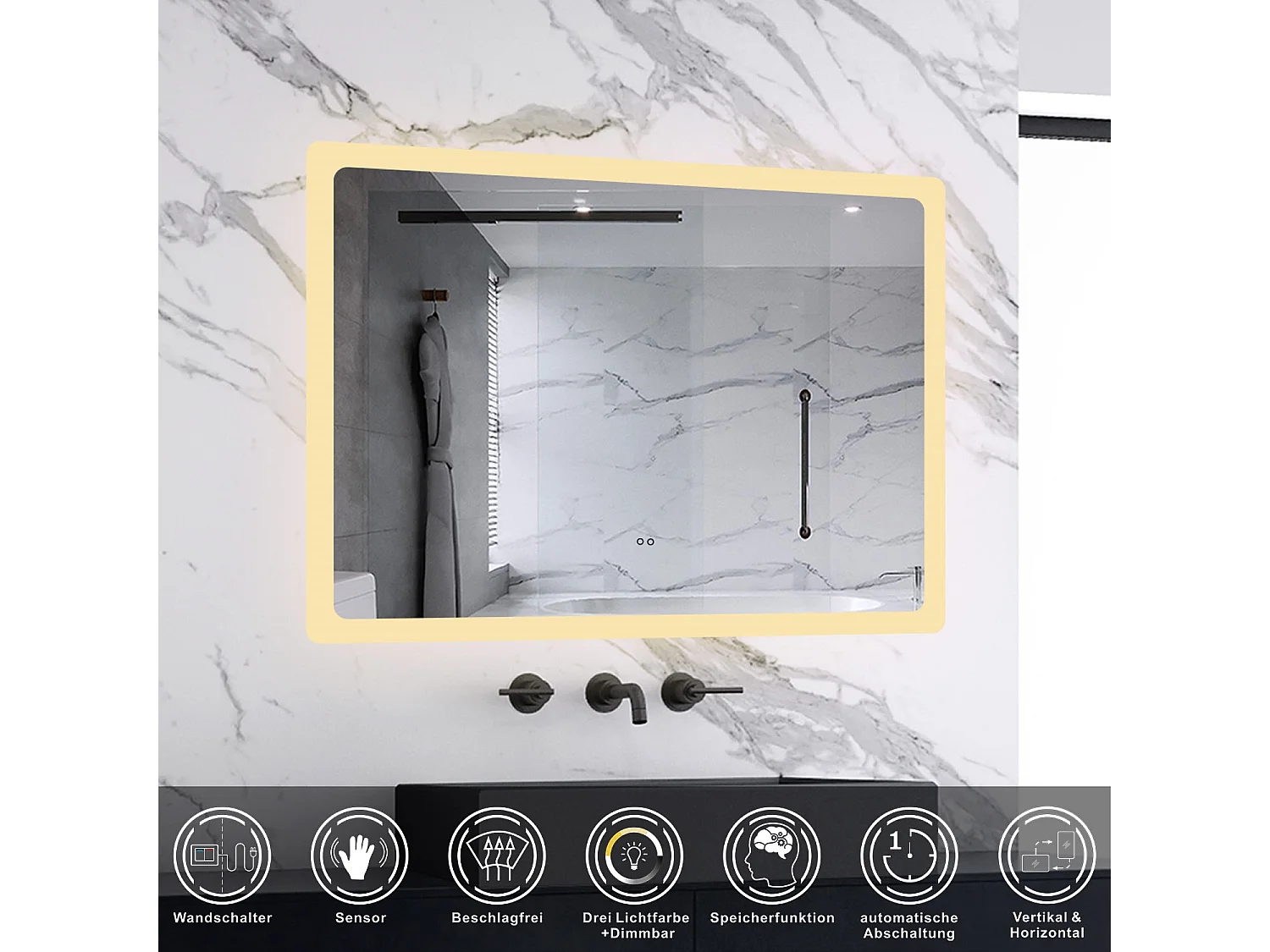 AICA Badspiegel mit Beleuchtung 70x50cm Sensor-Schalter Beschlagfrei 3 Lichtfarbe+Dimmbar Memory-Funktion