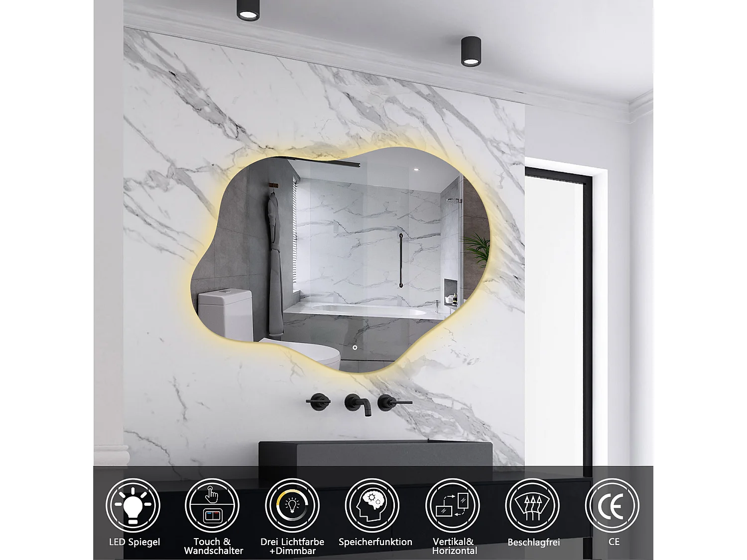 AICA LED Badspiegel Wolkenform 100x66cm Beschlagfrei 3 Lichtfarbe+Dimmbar