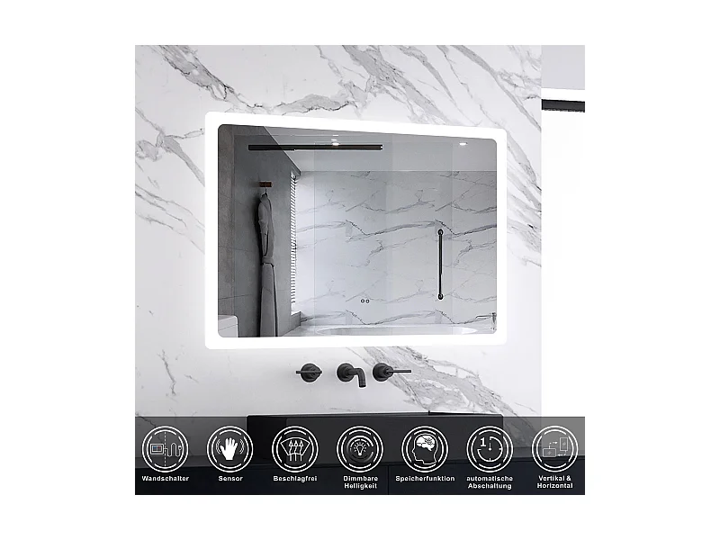 AICA Badspiegel mit Beleuchtung 70x50cm Sensor-Schalter Beschlagfrei Kaltweiß dimmbar Memory-Funktion