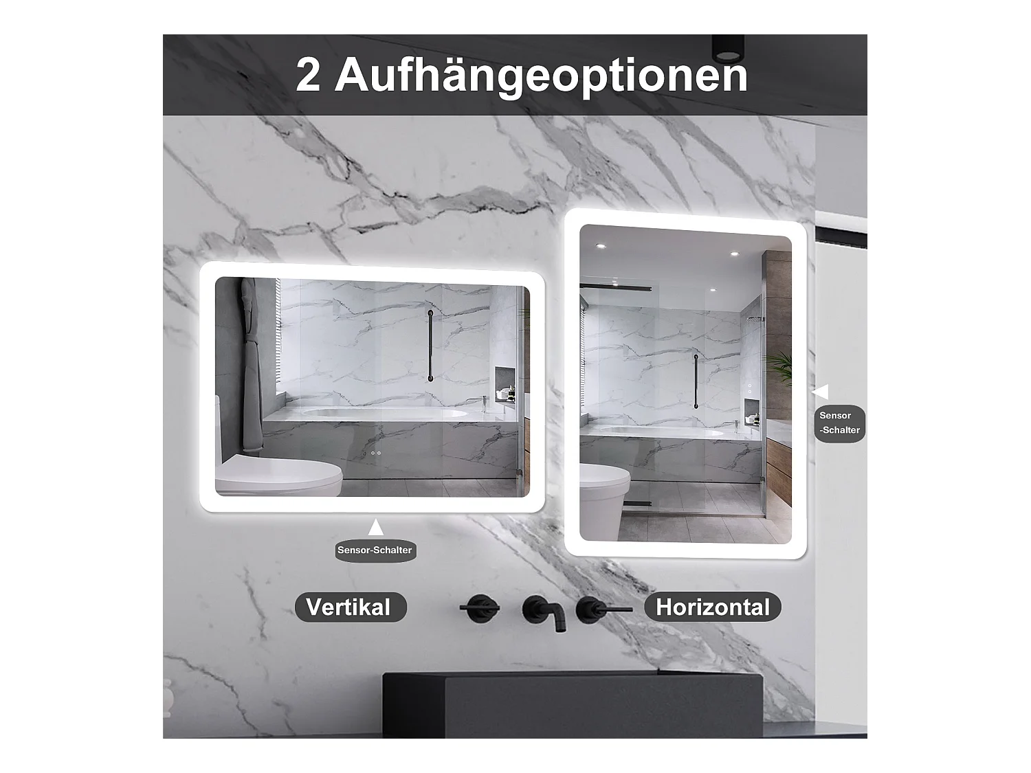 AICA Badspiegel mit Beleuchtung 70x50cm Sensor-Schalter Beschlagfrei Kaltweiß dimmbar Memory-Funktion