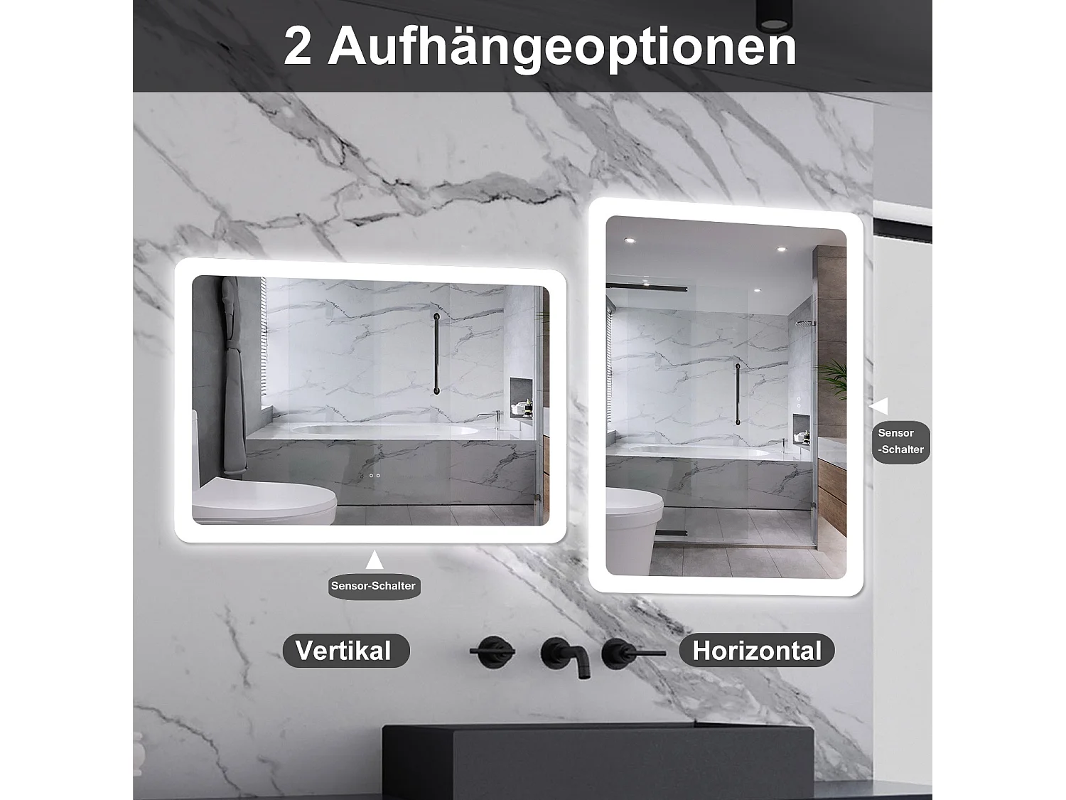 AICA Badspiegel mit Beleuchtung 70x50cm Sensor-Schalter Beschlagfrei Kaltweiß dimmbar Memory-Funktion