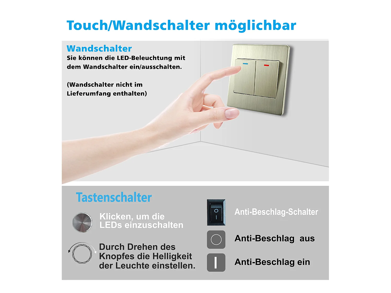 AICA LED Badspiegel mit Knopfschalter 140x80cm Beschlagfrei 3 Lichtfarbe+Dimmbar Memory-Funktion