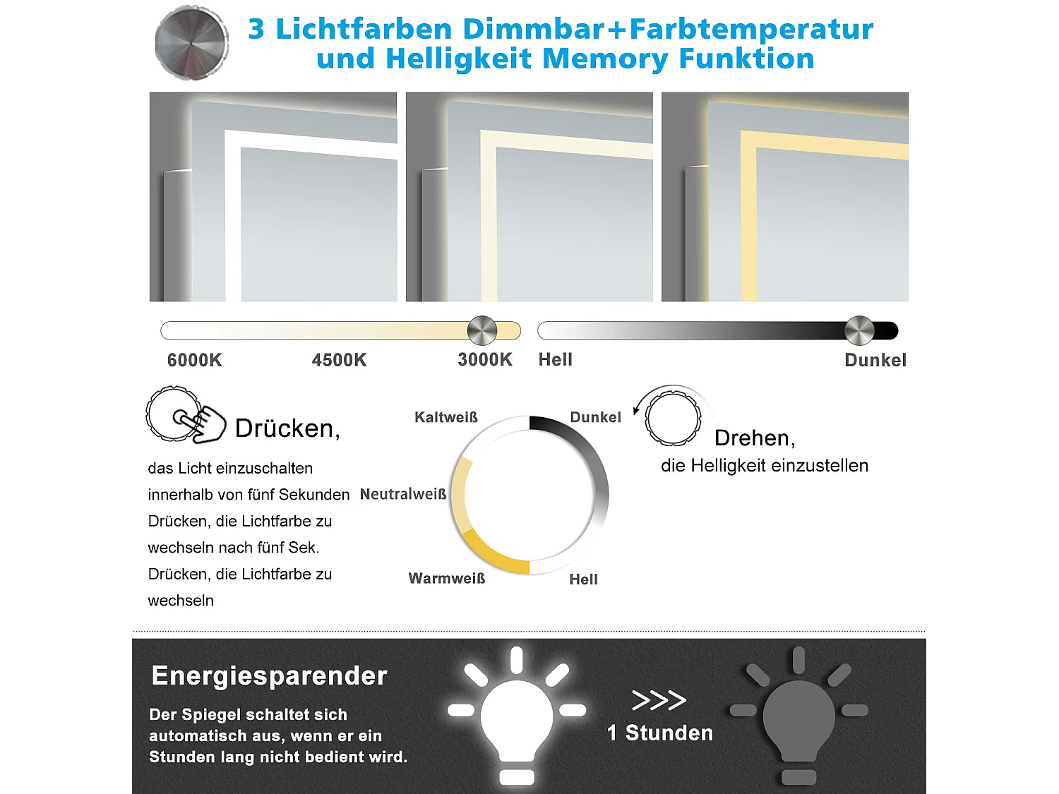 AICA LED Badspiegel mit Knopfschalter 140x80cm Beschlagfrei 3 Lichtfarbe+Dimmbar Memory-Funktion