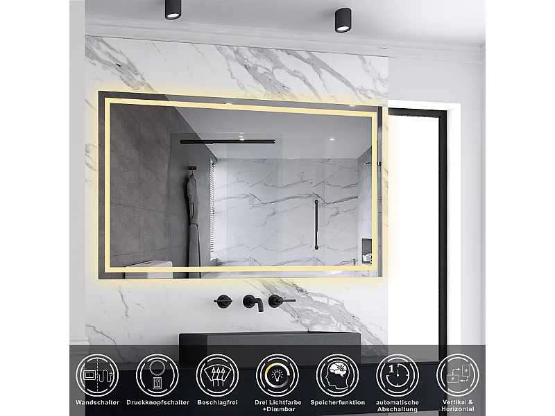 AICA LED Badspiegel mit Knopfschalter 140x80cm Beschlagfrei 3 Lichtfarbe+Dimmbar Memory-Funktion