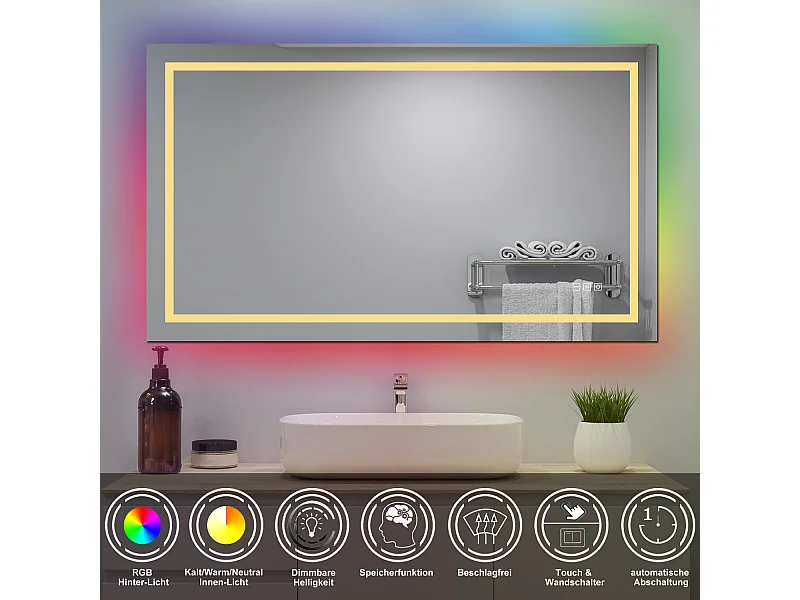 AICA Badspiegel mit RGB-Beleuchtung 120x70cm Beschlagfrei 3 Lichtfarbe Dimmbar Memory-Funktion